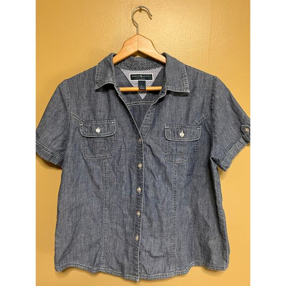Karen Scott Short Sleeve Denim Button Up Top - Picture 1 of 8